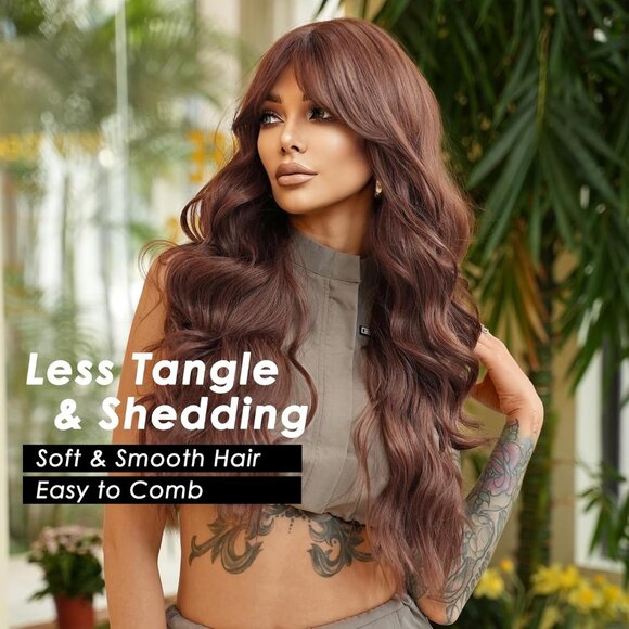 Long Wavy Reddish Brown Wigs With Bangs 28 Inch Chocolate Brown Side Part Curtai - Picture 7 of 7